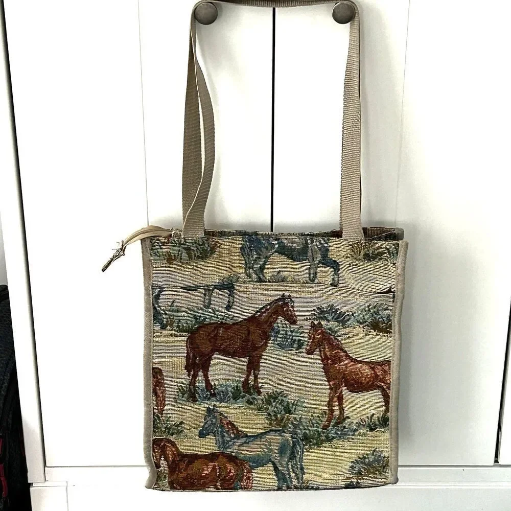 Horse Tapestry Tote Bag Double Handle Zipper Pockets Country Handbag Cottage
